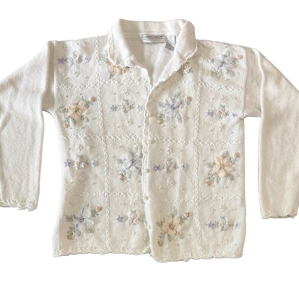 Vintage Carolyn Taylor White Floral Pearl Beaded Cardigan S Cottagecore Knit